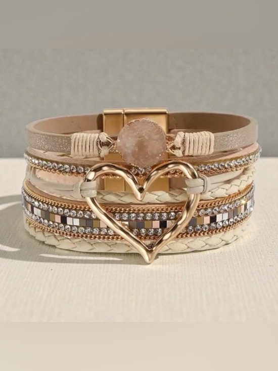 Fashion Jewelry - Heart Charm Bracelet Gold and Cream color